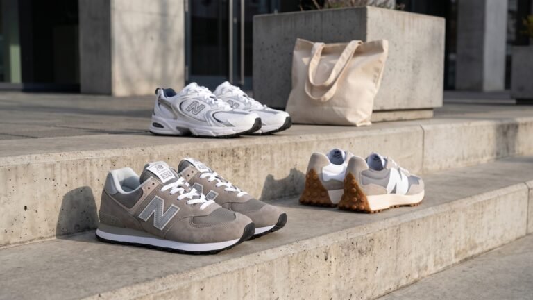 Three pairs of budget-friendly New Balance sneakers, including the 574 and 530, displayed on concrete steps