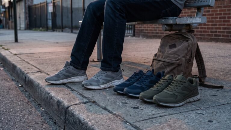 Person wearing grey running shoes sitting on a bench next to pairs of navy and olive green sneakers on a sidewalk