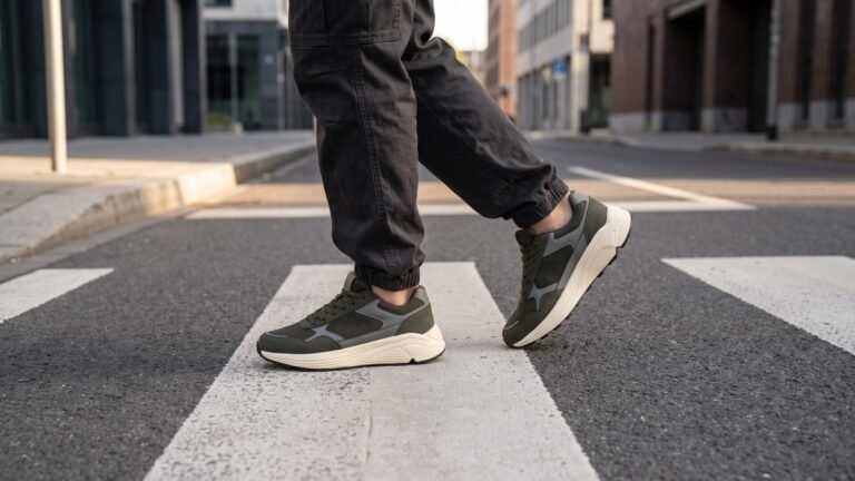 Person wearing olive green tech runner sneakers with chunky soles walking across a city crosswalk