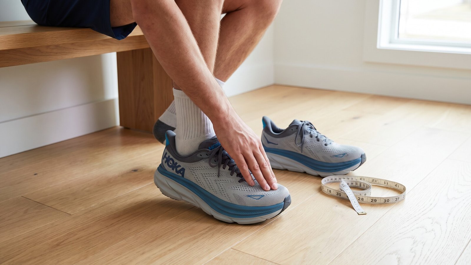 Person pressing on the toe box of a gray Hoka shoe next to a measuring tape to test size and fit