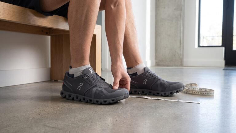 Person pressing the toe box of grey On Cloud shoes next to a measuring tape to check fit