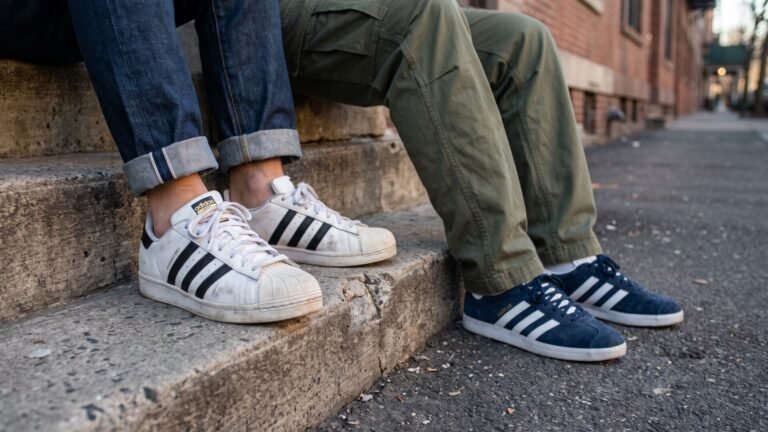 White Adidas Superstars and navy Gazelles worn by people sitting on concrete city steps