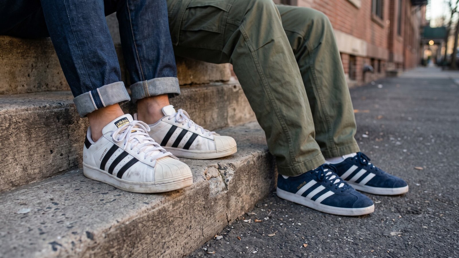 White Adidas Superstars and navy Gazelles worn by people sitting on concrete city steps