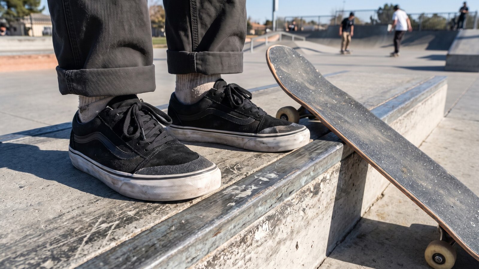 Skater wearing classic black low-top skate sneakers standing beside a skateboard on a concrete skatepark ledge