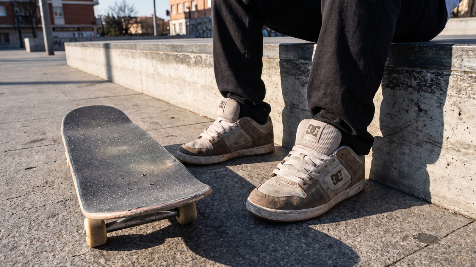 Bulky DC skate sneakers worn by a skater sitting on a concrete ledge beside a skateboard