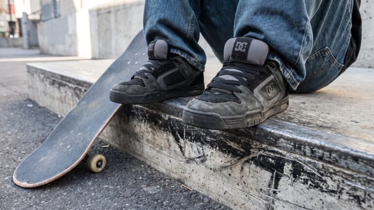 Skateboarder wearing classic puffy DC skate shoes sitting on a concrete ledge next to a skateboard