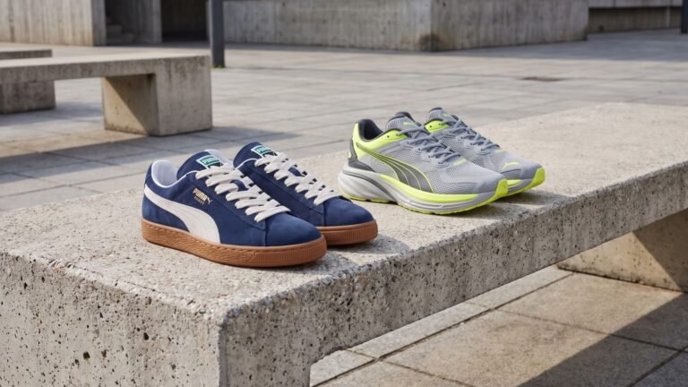 Classic navy Puma Suede sneakers resting beside modern grey and neon running shoes on a concrete bench