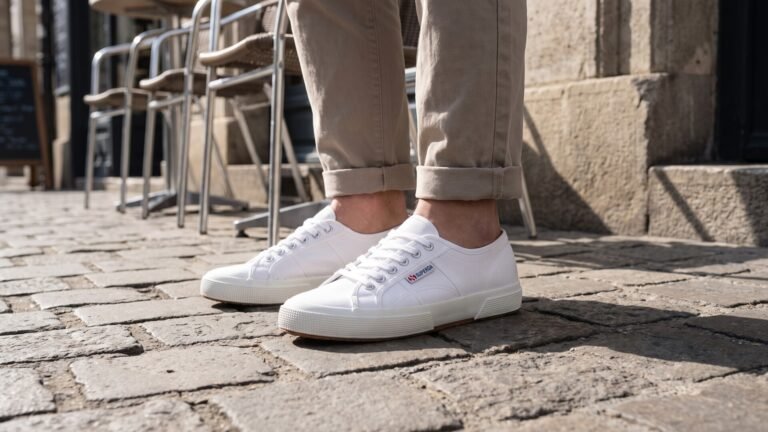 Person wearing white canvas Superga sneakers and cuffed beige trousers on a cobblestone street