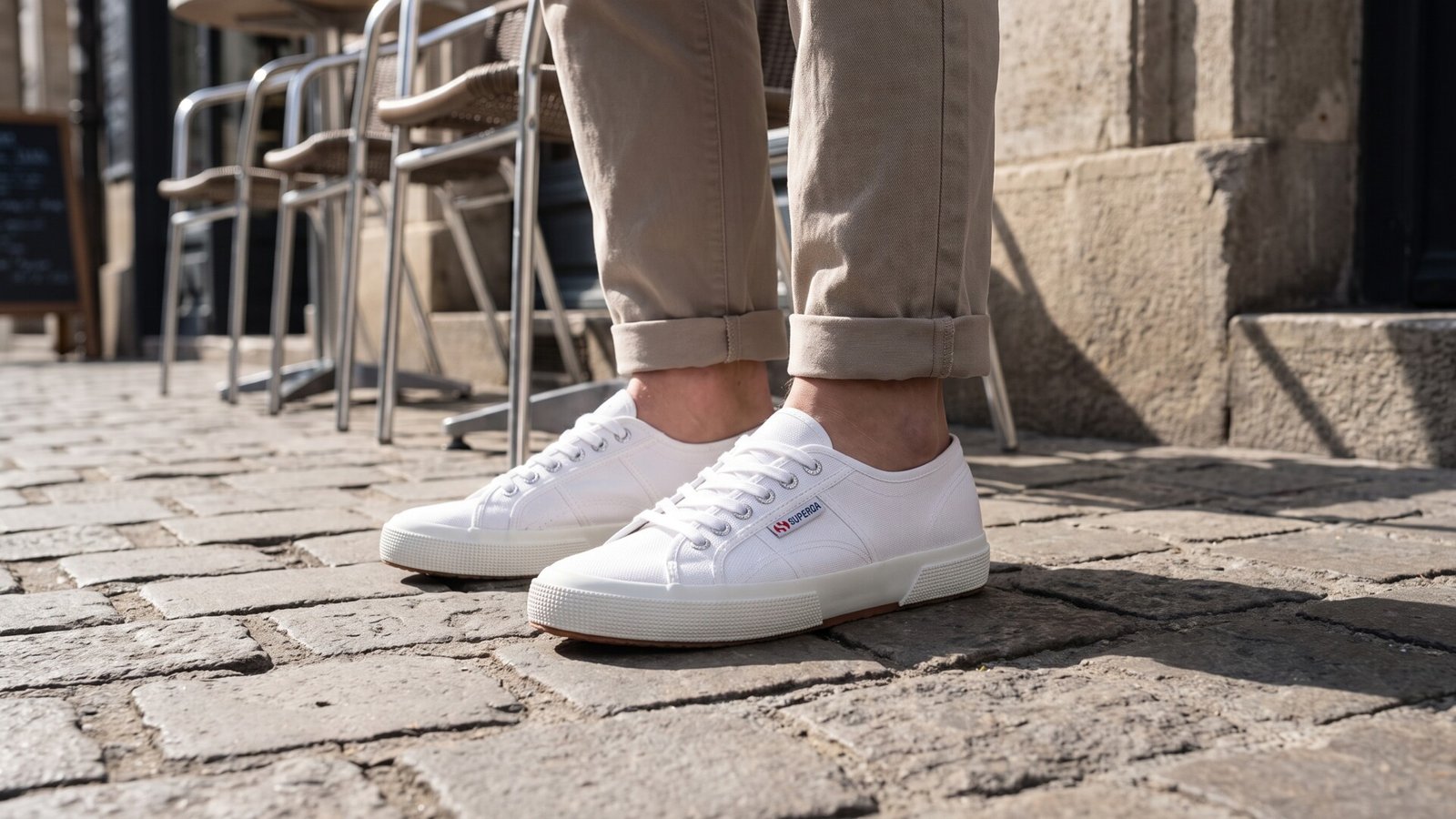 Person wearing white canvas Superga sneakers and cuffed beige trousers on a cobblestone street