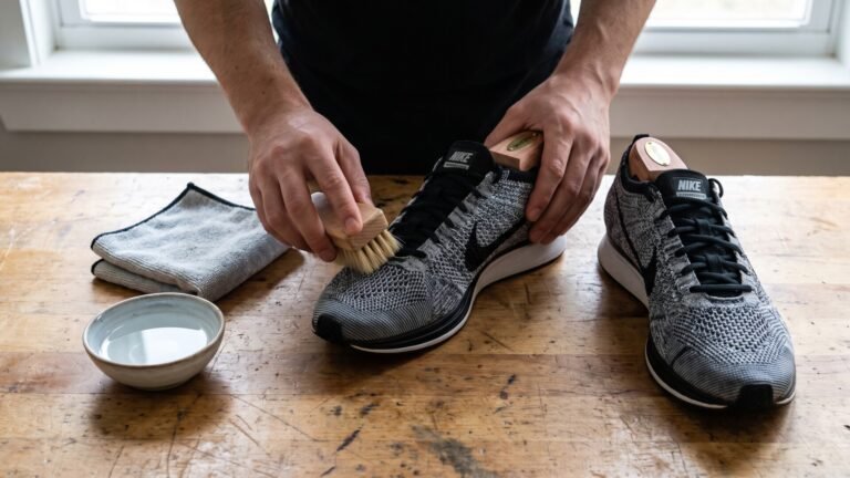 Person gently brushing the knit upper of a Nike Flyknit sneaker with a soft brush over a wooden table