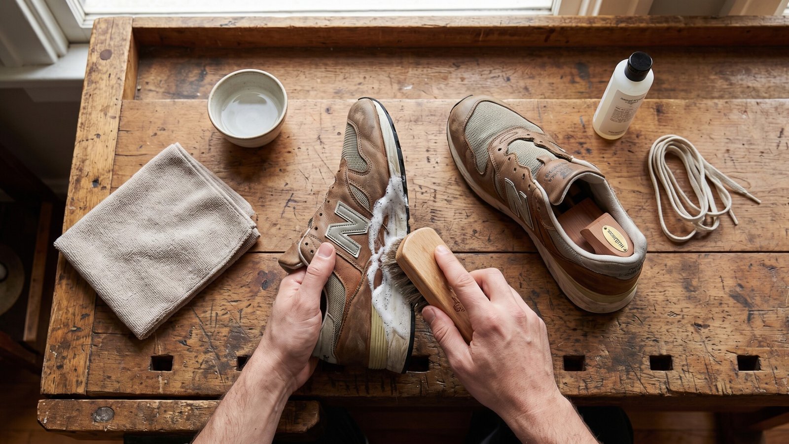 Hands cleaning a brown suede sneaker with soapy foam and a wooden bristle brush on a rustic workbench