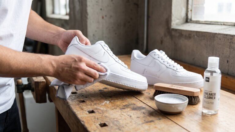 Person cleaning white leather sneakers with a microfiber cloth alongside shoe cleaner and a brush on a workbench