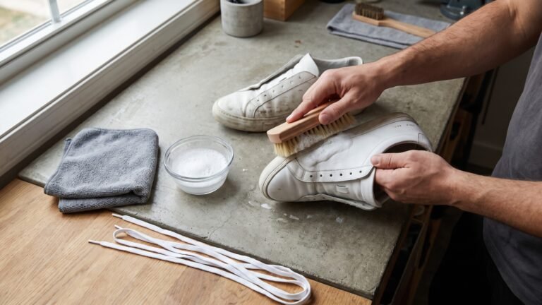Person scrubbing white leather sneakers with a wooden brush and soapy foam on a workbench