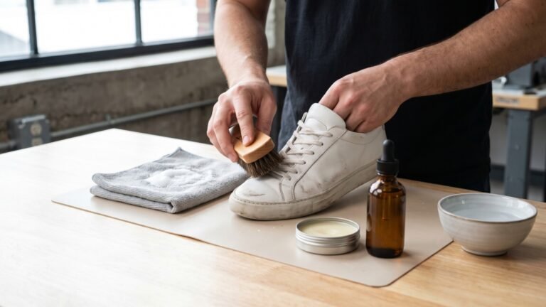 Person brushing dirt off a white leather sneaker beside leather balm, cleaning oil, and a microfiber cloth