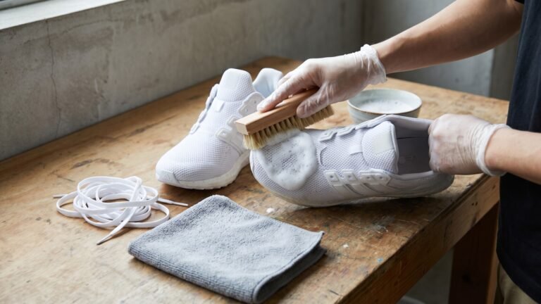 Gloved hands brushing cleaning foam onto an unlaced white mesh sneaker with a soft bristle brush