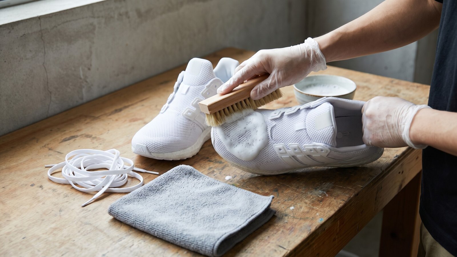 Gloved hands brushing cleaning foam onto an unlaced white mesh sneaker with a soft bristle brush