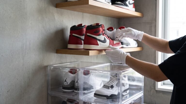 Gloved hands carefully placing an Air Jordan 1 Chicago sneaker onto a wooden shelf in a collector room