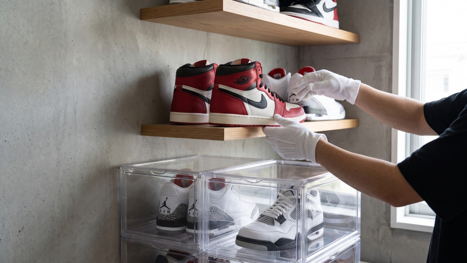 Gloved hands carefully placing an Air Jordan 1 Chicago sneaker onto a wooden shelf in a collector room