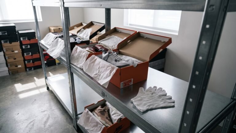 Collectible sneakers in open shoe boxes on metal storage shelves next to white handling gloves