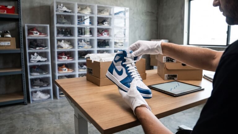 Collector wearing white gloves inspects a blue and white sneaker at a desk with market price charts