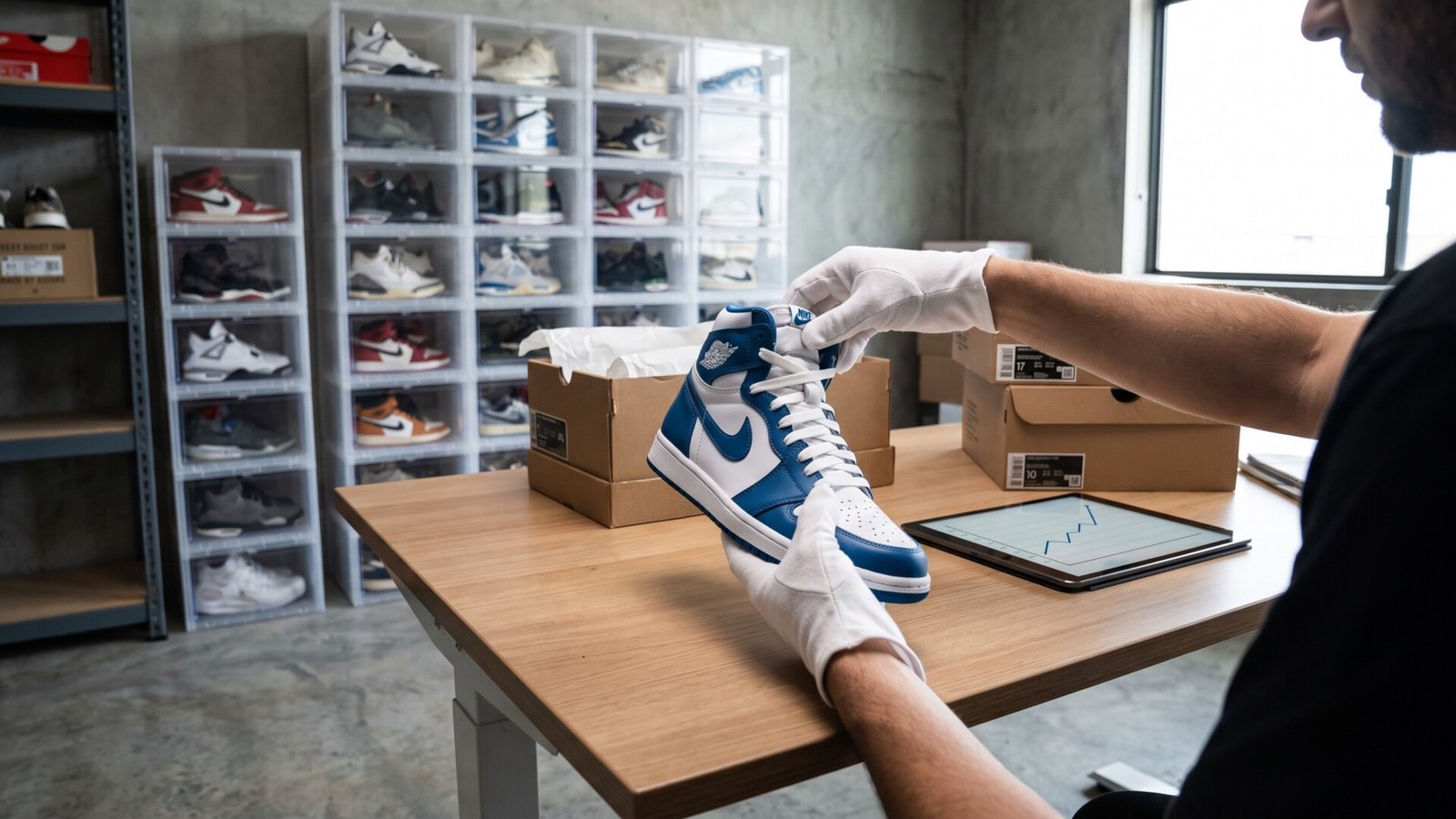 Collector wearing white gloves inspects a blue and white sneaker at a desk with market price charts