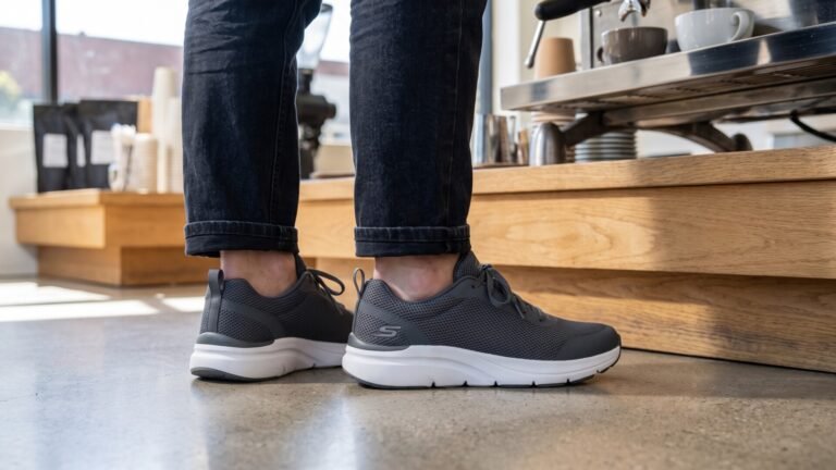 Person wearing grey cushioned mesh sneakers while standing on a concrete floor behind a coffee counter