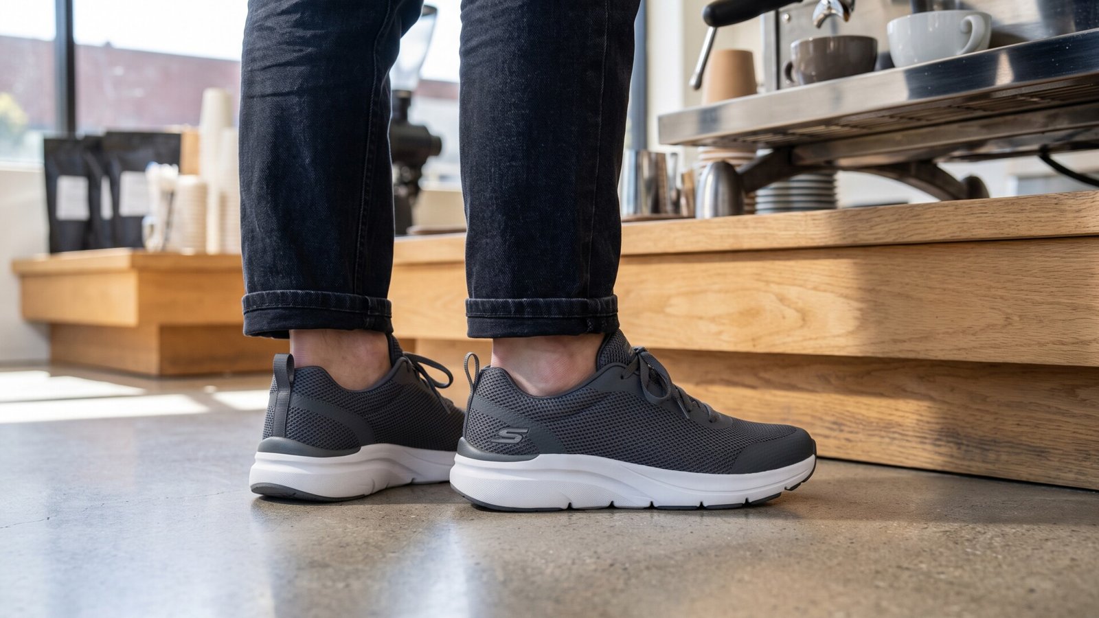 Person wearing grey cushioned mesh sneakers while standing on a concrete floor behind a coffee counter