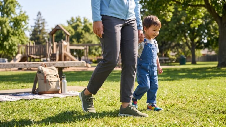 Parent and toddler walking across a sunny park lawn wearing comfortable activewear and sneakers