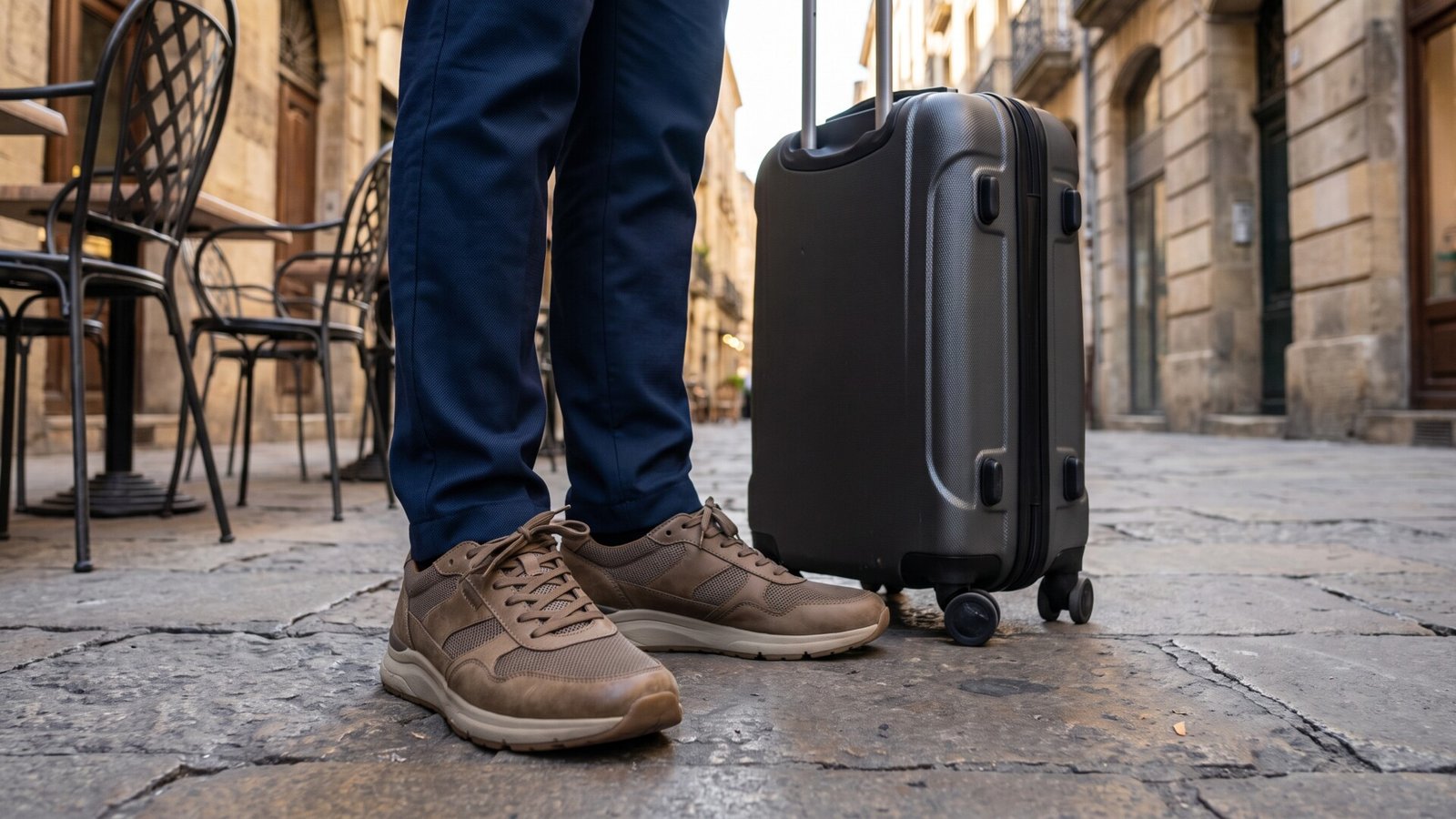 Traveler wearing supportive brown sneakers standing beside a rolling suitcase on a cobblestone street