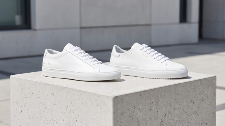 Common Projects Achilles Low and Axel Arigato Clean 90 white leather sneakers side by side on a stone block