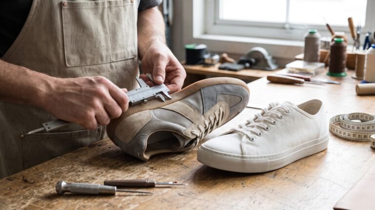 A shoemaker measuring a luxury suede trainer beside a plain white low-top sneaker on a wooden workshop bench