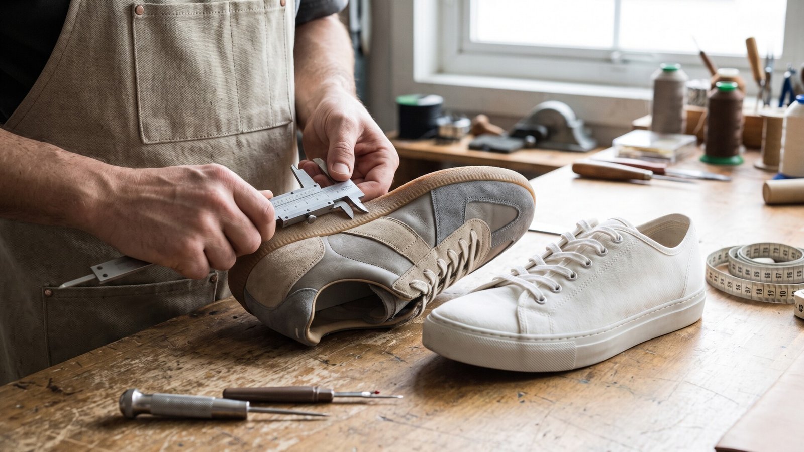 A shoemaker measuring a luxury suede trainer beside a plain white low-top sneaker on a wooden workshop bench