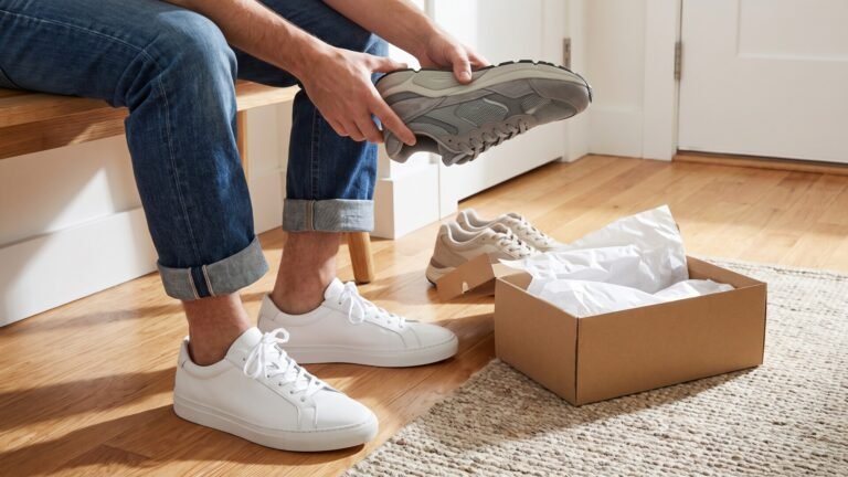 Man wearing clean white leather sneakers while holding and examining a grey chunky runner shoe