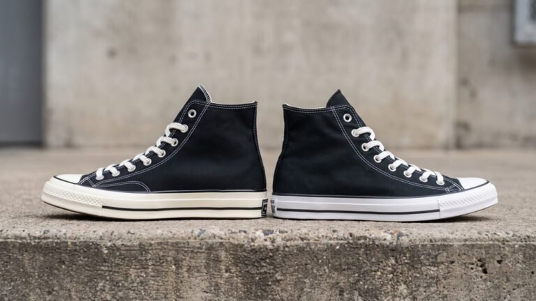 Side-by-side profile view of a Converse Chuck 70 and a standard Chuck Taylor All Star high top