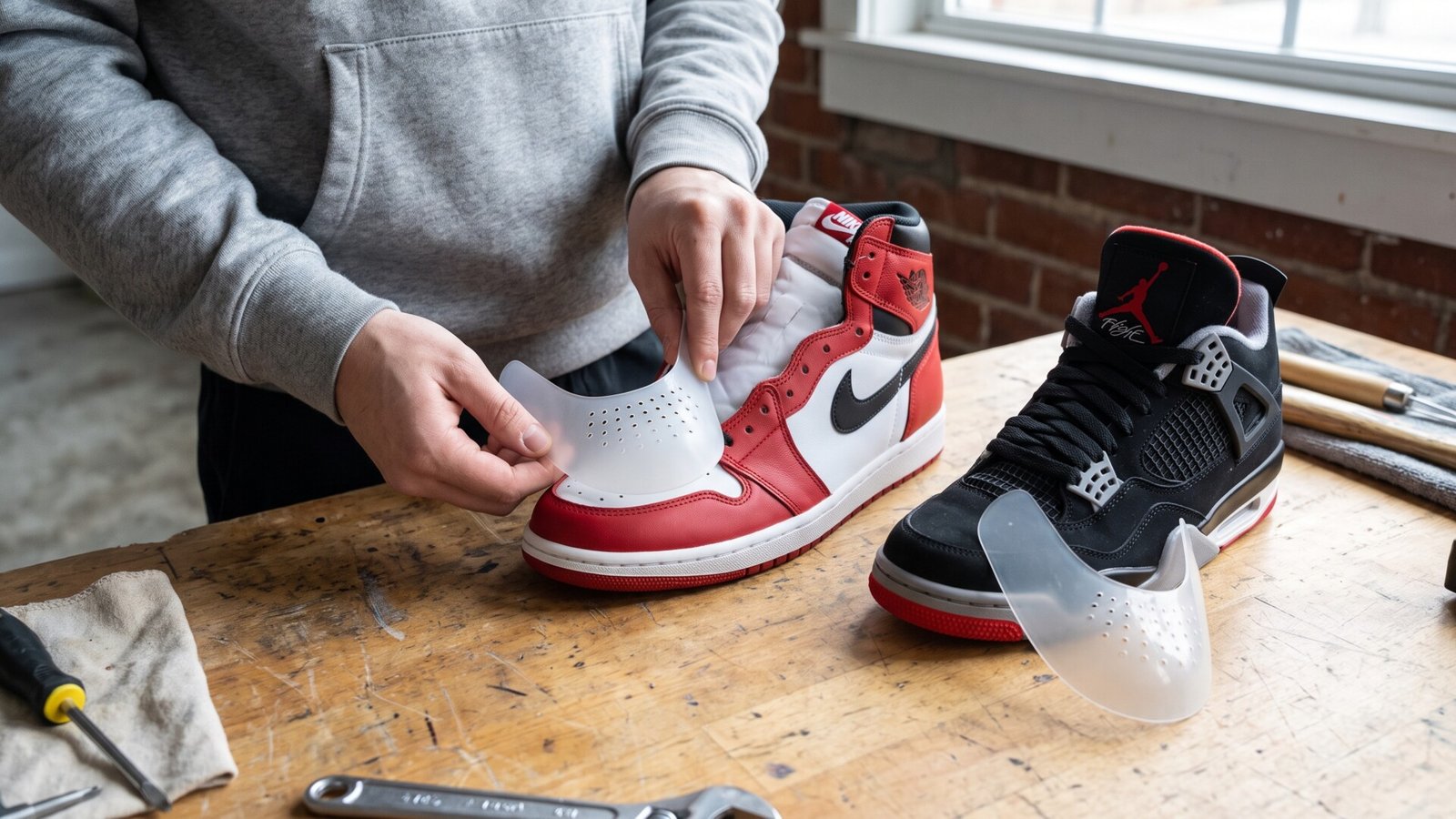 Hands holding a plastic crease protector insert over an Air Jordan 1 next to an Air Jordan 4 on a workbench
