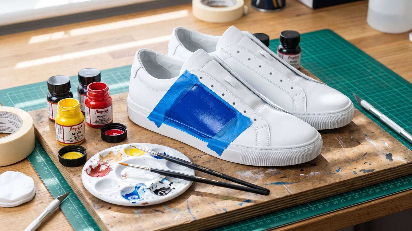 White leather sneakers being customized with blue Angelus paint, masking tape, and fine brushes on a workbench