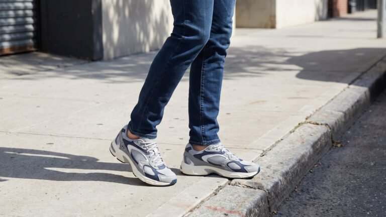 Person wearing chunky grey and navy dad sneakers with slim fit jeans on a city sidewalk