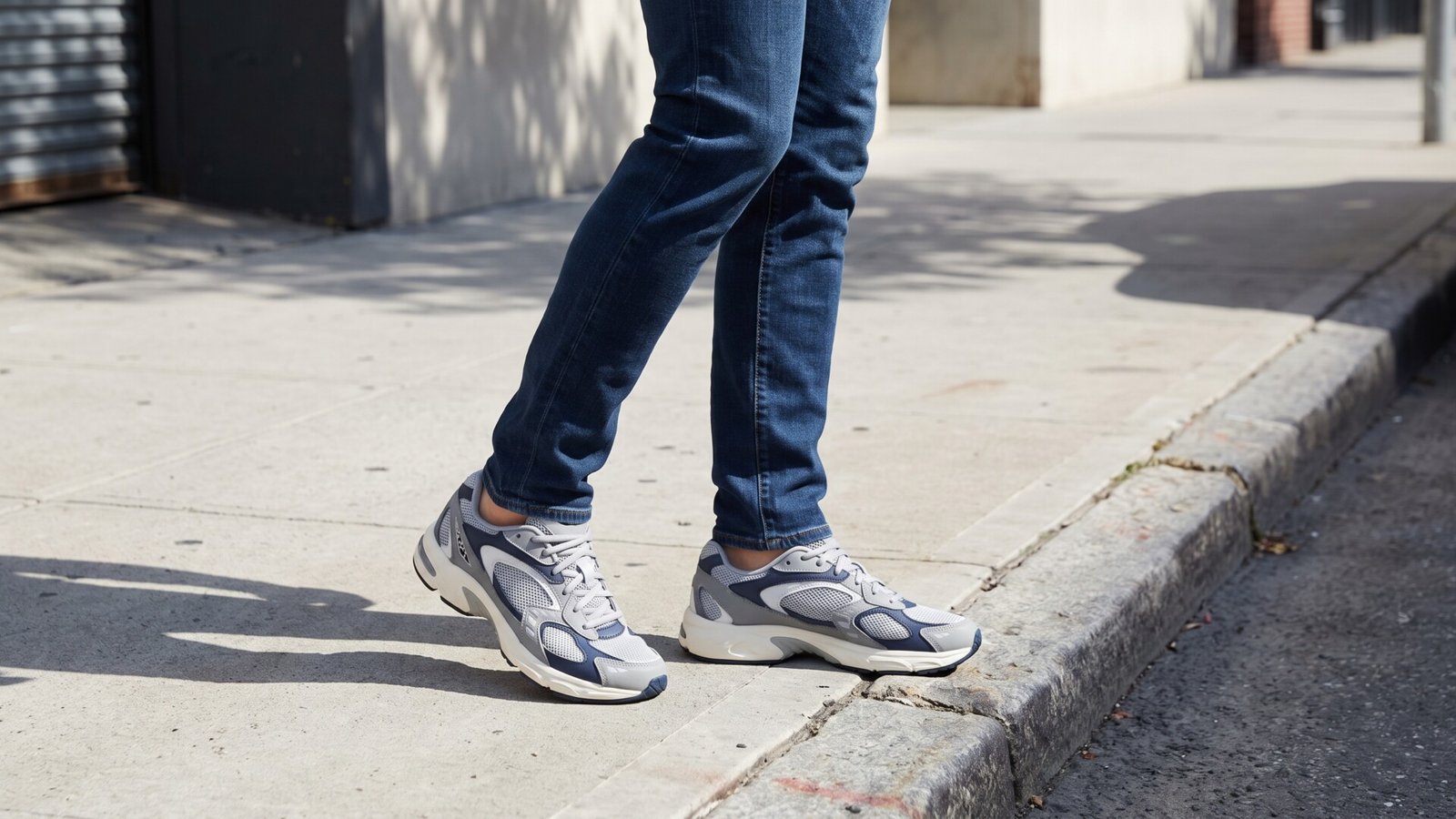 Person wearing chunky grey and navy dad sneakers with slim fit jeans on a city sidewalk
