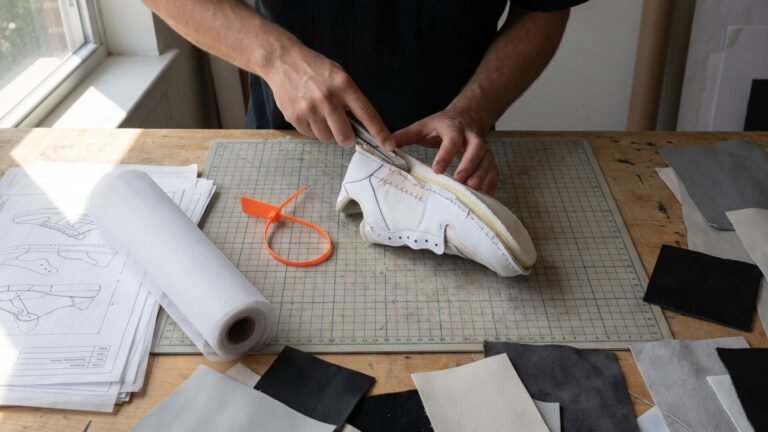 Designer cutting a white sneaker prototype on a cutting mat next to an orange zip tie and sketches