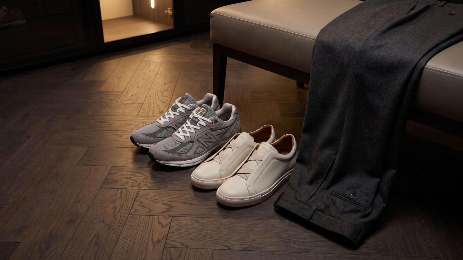 Grey suede runners and cream leather slip-on sneakers beside tailored trousers on a dressing bench