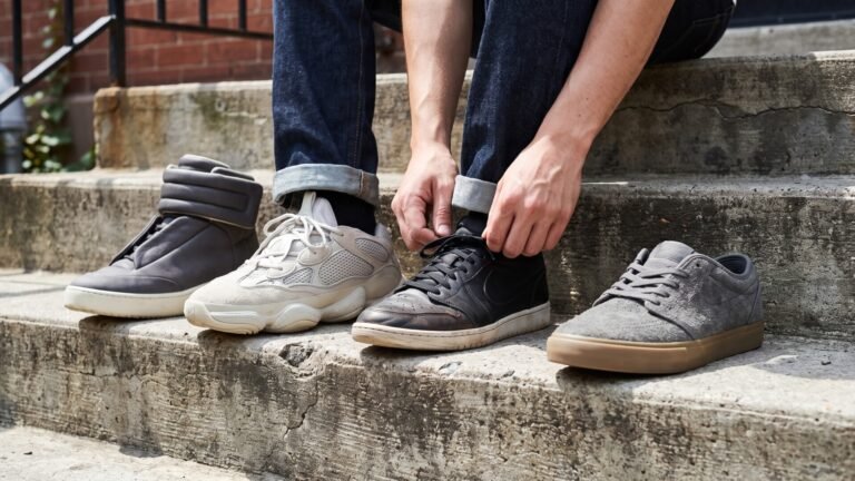 Person lacing black low-top sneakers on concrete steps next to high-top, chunky, and skate shoe silhouettes