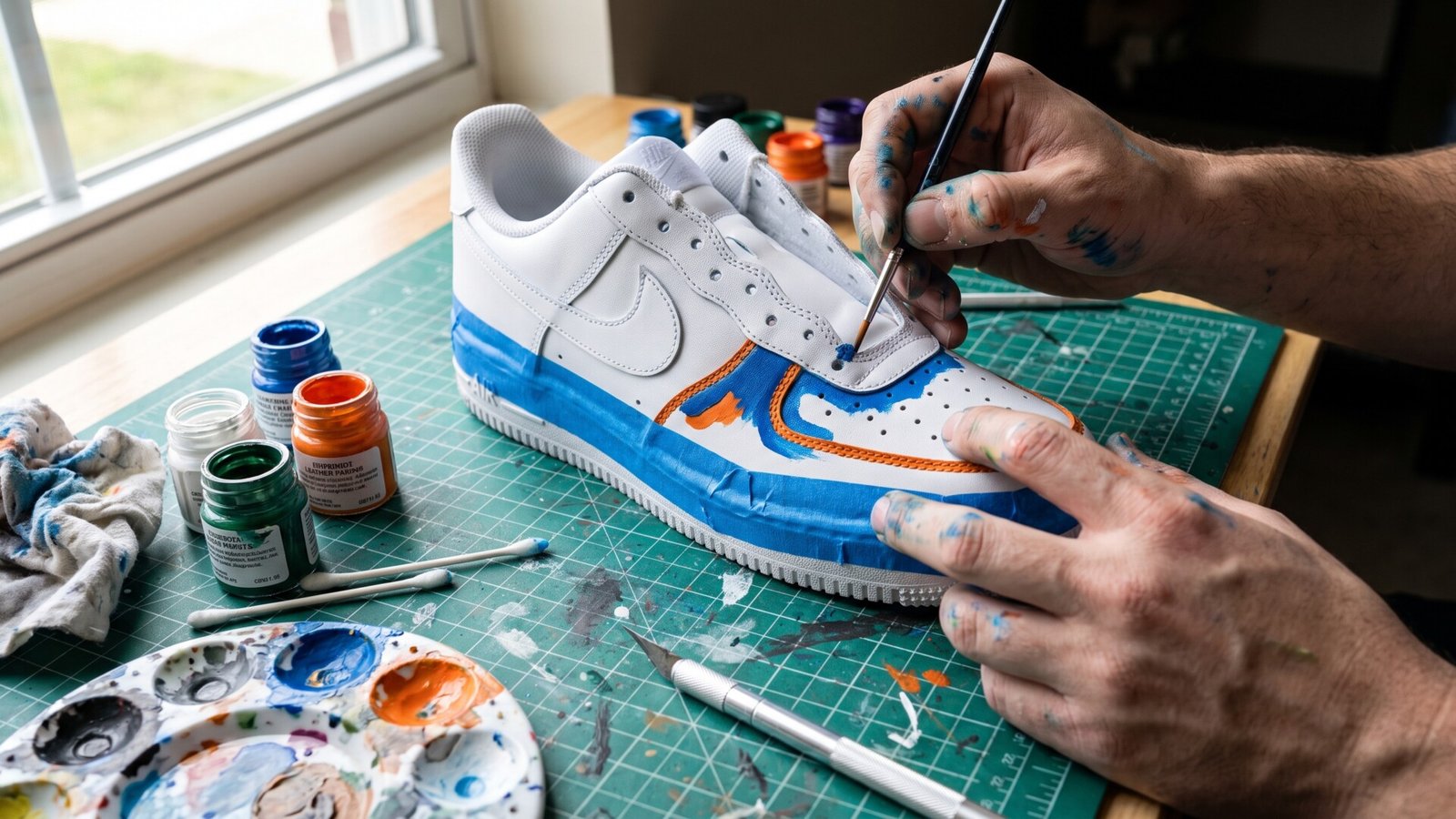 Artist painting blue and orange designs onto a white leather sneaker with acrylic paint at a workstation