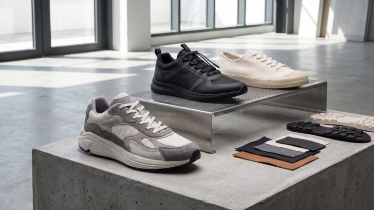 Three minimalist designer sneakers displayed with sole and material swatches on a concrete block in a bright studio
