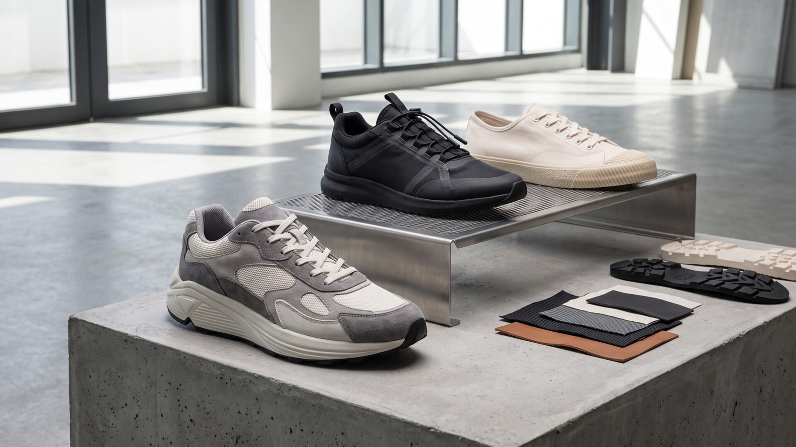 Three minimalist designer sneakers displayed with sole and material swatches on a concrete block in a bright studio