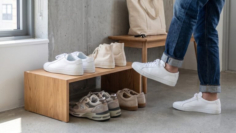Person wearing clean white sneakers beside an entryway bench displaying neutral and classic streetwear shoes