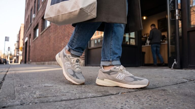 Person walking on an urban sidewalk wearing neutral grey lifestyle sneakers and cuffed blue jeans