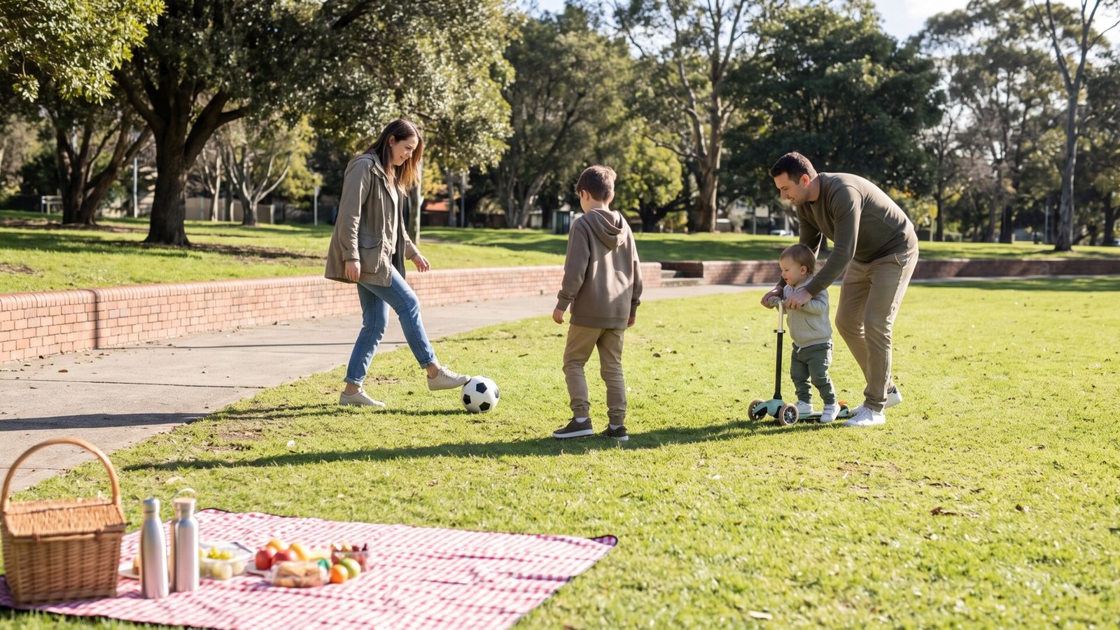 A family playing soccer and riding a scooter near a picnic blanket in a sunny green park