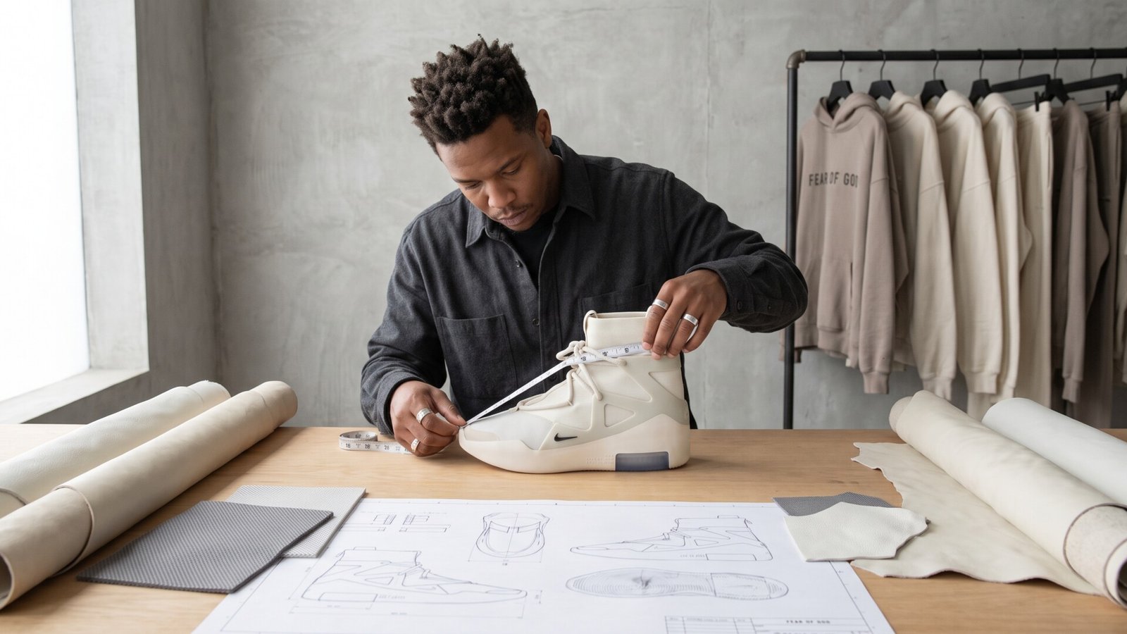 A designer measures an off-white Nike Air Fear of God 1 sneaker above technical sketches in a design studio