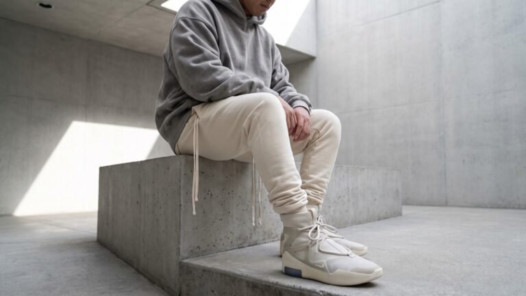 Man wearing Nike Air Fear of God 1 high-top sneakers and neutral loungewear in a concrete room