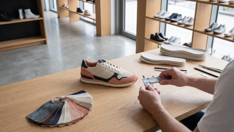 Footwear designer holding calipers beside a premium runner sneaker prototype, leather swatches, and shoe soles